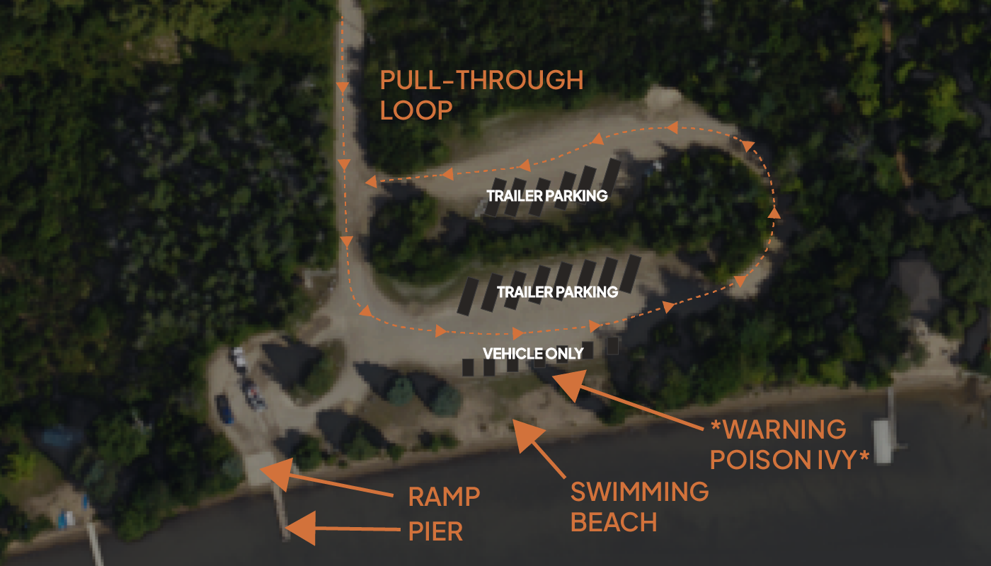 Annotated aerial diagram of Eastport Boat Launch