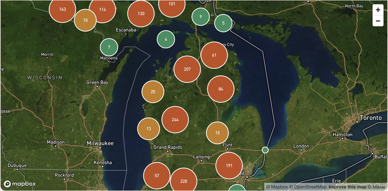 Satellite map of Michigan lakes and boat launches